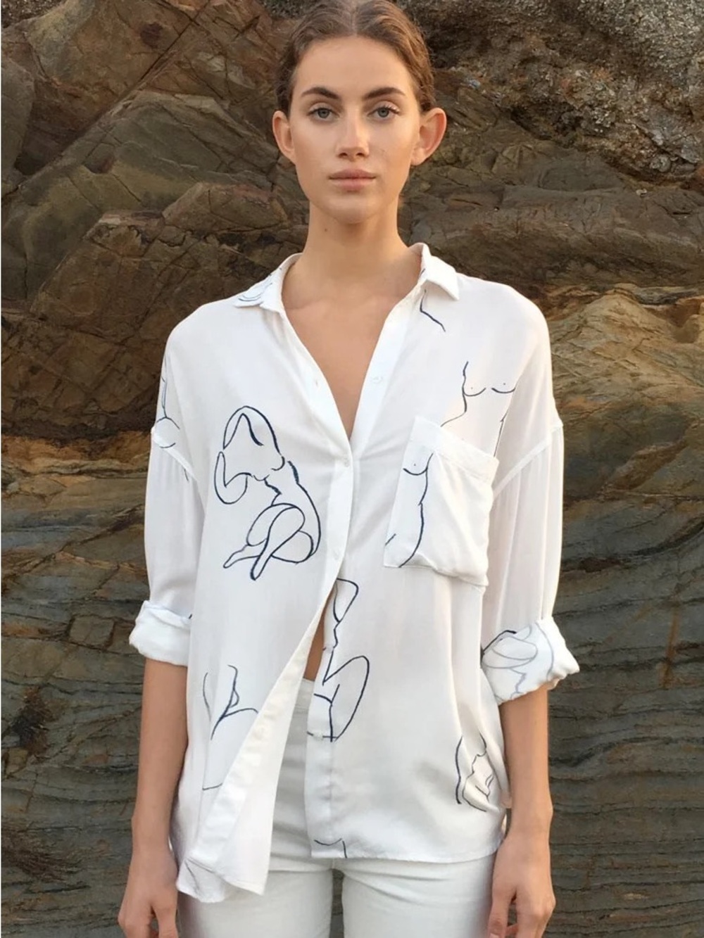 Paloma Wool Leandra White Button-Down Shirt w/ Navy Blue Line Figure Drawings